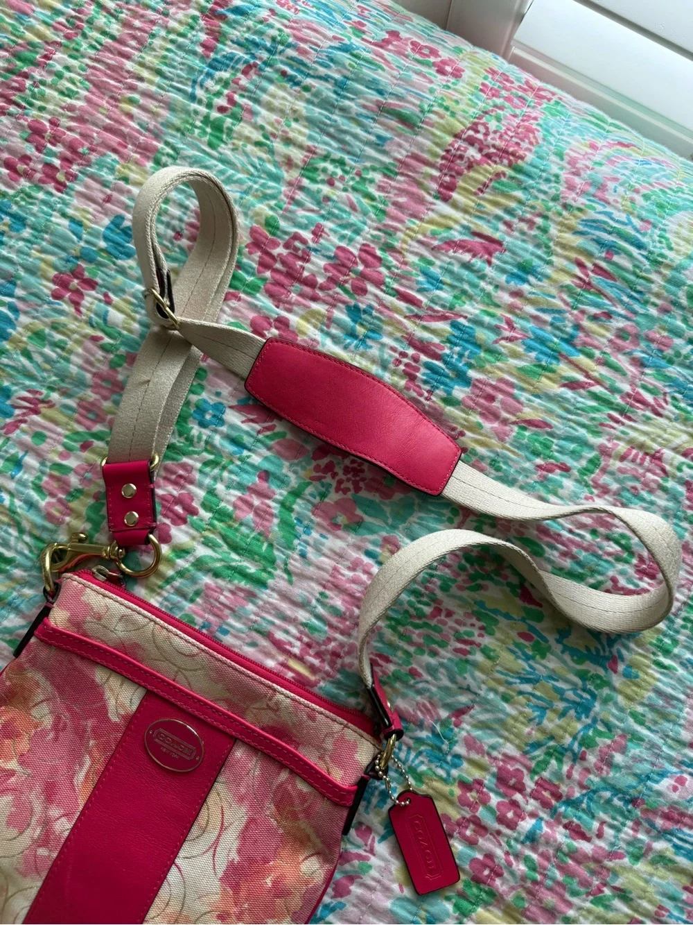 Coach Pink Floral Canvas Crossbody with Cream Strap